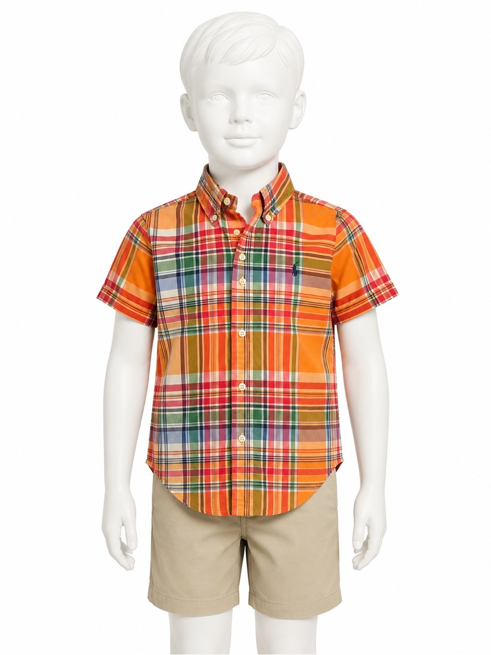 Ralph Lauren Orange Plaid Short-Sleeve Button-Down Shirt for Kids